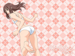 Rule 34 | 1girl, ass, barefoot, bikini, brown eyes, brown hair, clenched hands, feet, from behind, hoshino yuumi, iga tomoteru, kimi kiss, looking back, open mouth, plaid, plaid background, soles, solo, swimsuit, toes, white bikini
