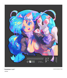 Rule 34 | alternate costume, animal ears, animal hands, barachan, big hair, blue eyes, blue hair, body fur, breasts, cat ears, cat girl, cat paws, cat tail, claws, english text, felicia (vampire), highres, jacket, open mouth, shrug (clothing), tail, teeth, upper teeth only, vampire (game), white fur