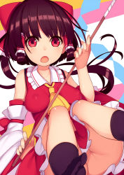 Rule 34 | 1girl, ascot, ass, asymmetrical hair, blush, breasts, brown hair, covered erect nipples, detached sleeves, dutch angle, gohei, hair ribbon, hair tubes, hakurei reimu, japanese clothes, kneehighs, long sleeves, looking at viewer, medium breasts, mikan (bananoha), miko, open mouth, ponytail, red eyes, ribbon, shirt, skirt, socks, solo, touhou, wide sleeves