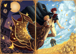 Rule 34 | 1boy, 1girl, alternate eye color, beatrice (umineko), blonde hair, blue eyes, blue sky, braid, bug, building, butterfly, cape, cloak, clock, clock tower, cloud, cloudy sky, day, dress, field, floating, flower, flower field, formal, french braid, frilled sleeves, frills, from side, full moon, glowing butterfly, gown, hair bun, highres, horizon, insect, jacket, light trail, long dress, long sleeves, looking afar, moon, necktie, night, pants, parted lips, petals, pile of skulls, profile, red eyes, red hair, ringlets, rose, short hair, single hair bun, skull, sky, sleeves past wrists, split screen, striped clothes, striped dress, suit, tower, umineko no naku koro ni, ushiromiya battler, vertical stripes, wide sleeves, yellow flower, yellow rose, zen (weishanzhe)