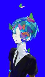 Rule 34 | 1other, absurdres, androgynous, aqua eyes, aqua hair, black shirt, blue background, bug, butterfly, collared shirt, colored eyelashes, colored skin, crack, cracked skin, crystal hair, expressionless, gem, gem uniform (houseki no kuni), gold, golden arms, high collar, highres, houseki no kuni, insect, ke shi yinhe, necktie, parted lips, puffy short sleeves, puffy sleeves, shirt, short hair, short sleeves, simple background, white shirt, white skin