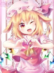 Rule 34 | 1girl, animal ears, ascot, back bow, bow, crystal, dog ears, flandre scarlet, frilled shirt collar, frilled sleeves, frills, gunjou row, hat, hat ribbon, head tilt, heart, heart hands, highres, large bow, looking at viewer, medium hair, mob cap, multicolored wings, one eye closed, one side up, puffy short sleeves, puffy sleeves, red eyes, red ribbon, red skirt, red vest, ribbon, ribbon-trimmed headwear, ribbon trim, shirt, short sleeves, skirt, sleeve ribbon, solo, striped, striped background, touhou, vertical stripes, vest, white bow, white headwear, white shirt, wings, yellow ascot