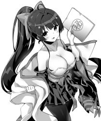 Rule 34 | 1girl, agano (azur lane), azur lane, bare shoulders, book, breasts, detached sleeves, flower, greyscale, hair flower, hair ornament, hair ribbon, highres, holding, holding book, hori (hori no su), japanese clothes, large breasts, monochrome, official art, ponytail, ribbon, wide sleeves