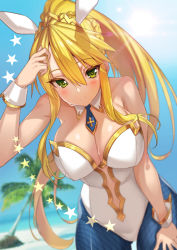 Rule 34 | 1girl, animal ears, artoria pendragon (all), artoria pendragon (fate), artoria pendragon (swimsuit ruler) (fate), bare shoulders, beach, blonde hair, blue neckwear, blue pantyhose, blue sky, blurry, blurry background, braid, breasts, cleavage, closed mouth, cloud, cloudy sky, commentary request, day, depth of field, detached collar, fake animal ears, fate/grand order, fate (series), fishnet pantyhose, fishnets, french braid, green322, green eyes, hair between eyes, hand in own hair, hand on own thigh, highres, large breasts, leotard, long hair, looking at viewer, outdoors, palm tree, pantyhose, playboy bunny, ponytail, rabbit ears, sidelocks, sky, smile, solo, standing, star (symbol), sun, sweat, tree, white leotard, wrist cuffs