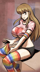 Rule 34 | 1girl, breasts, brown eyes, brown hair, covered erect nipples, dated, female focus, geukji high, highres, huh il, korean text, large breasts, long hair, looking at viewer, multicolored clothes, multicolored legwear, pink shirt, rainbow kneesocks, shirt, sitting, solo, special martial arts extreme hell private high school, thighhighs, underboob, webtoon