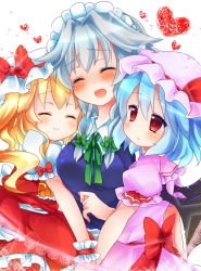 Rule 34 | 3girls, ascot, bat wings, blonde hair, blue hair, blush, bow, braid, breasts, closed eyes, expressionless, flandre scarlet, hair bow, hat, hat ribbon, heads together, heart, hug, izayoi sakuya, juemid luna, looking away, maid headdress, mob cap, multiple girls, open mouth, puffy short sleeves, puffy sleeves, red eyes, remilia scarlet, ribbon, short hair, short sleeves, side ponytail, silver hair, simple background, skirt, skirt set, smile, sparkle, touhou, twin braids, white background, wings, wrist cuffs