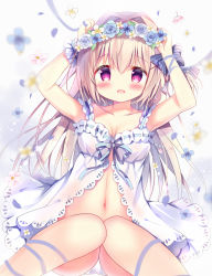 Rule 34 | 1girl, :d, armpits, arms up, azumi kazuki, bare shoulders, blue bow, blue flower, blue rose, blush, bow, breasts, brown hair, collarbone, dress, flower, flower wreath, hair between eyes, hair bow, hair intakes, head wreath, highres, knees together feet apart, knees up, long hair, looking at viewer, medium breasts, navel, open mouth, original, panties, pink flower, purple eyes, rose, sitting, smile, solo, striped, striped bow, underwear, very long hair, white dress, white flower, white panties, wrist cuffs