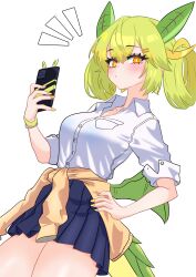 Rule 34 | 1girl, absurdres, alternate costume, breasts, clothes around waist, dragon girl, dragon horns, dragon tail, dragon wings, duel monster, green hair, gyaru, hand on own hip, highres, holding, holding phone, horns, jacket, jacket around waist, kogal, light blush, low wings, medium breasts, oldsickkim, parlor dragonmaid, partially unbuttoned, phone, pleated skirt, school uniform, shirt, skirt, solo, tail, white shirt, wings, yellow eyes, yellow nails, yu-gi-oh!