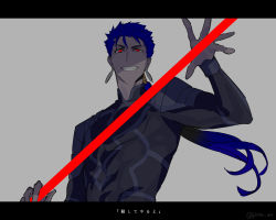 Rule 34 | 1boy, bad id, bad twitter id, beads, blue hair, cu chulainn (fate), cu chulainn (fate/stay night), fang, fate/stay night, fate (series), gae bolg (fate), grin, hair beads, hair ornament, hikaru (asteriskring), holding, holding weapon, long hair, looking at viewer, male focus, polearm, ponytail, red eyes, slit pupils, smile, solo, spear, translation request, type-moon, weapon