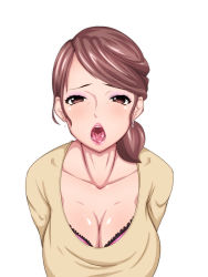 Rule 34 | 1girl, blush, bra, breasts, brown eyes, brown hair, cleavage, earrings, female focus, highres, jewelry, large breasts, lips, mature female, naito (artist), open mouth, oral invitation, original, pink bra, ponytail, simple background, solo, teeth, tongue, tongue out, underwear, white background