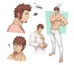 Rule 34 | 00047, 1boy, ?, abs, bara, bare pectorals, barefoot, blouse, blue eyes, brown hair, closed mouth, cross scar, facial hair, fate/grand order, fate (series), fou (fate), goatee, highres, large pectorals, long sideburns, male focus, multiple views, muscular, muscular male, napoleon bonaparte (fate), navel, nipples, open mouth, pants, partially unbuttoned, pectorals, pink shirt, scar, scar on chest, shirt, short hair, sideburns, solo, towel, towel around neck, white pants