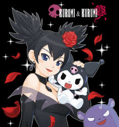 Rule 34 | &gt;:d, 00s, 1girl, :d, bare shoulders, black dress, blush, braid, brooch, character name, choker, dress, dual persona, flower, hair flower, hair ornament, hat, jester cap, jewelry, kuromi, kurumi nui, lips, looking at viewer, muuten, on shoulder, onegai my melody, open mouth, pendant, rose, sanrio, skull, skull print, sleeveless, sleeveless dress, smile, two side up, upper body, v-shaped eyebrows