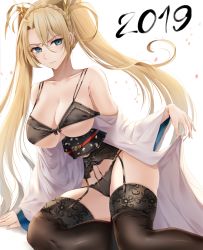 Rule 34 | 1girl, 2019, arm support, bare shoulders, black bra, black panties, black thighhighs, blonde hair, blue eyes, blush, bra, bradamante (fate), braid, breasts, cleavage, clothes lift, fate/grand order, fate (series), french braid, garter belt, garter straps, hair between eyes, highres, japanese clothes, kimono, kimono lift, large breasts, lifted by self, long hair, long sleeves, looking at viewer, nicky w, obi, off shoulder, open clothes, open kimono, panties, petals, sash, sitting, solo, thighhighs, thighs, twintails, underwear, very long hair, white kimono, wide sleeves, yokozuwari