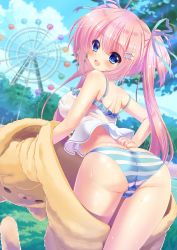 Rule 34 | 1girl, animal ears, animal mascot, ass, blue eyes, blush, bow, breasts, butt crack, cameltoe, cat ears, ferris wheel, fursuit, hair ornament, hairpin, open mouth, outdoors, panties, pink hair, see-through, striped clothes, striped panties, sweat, tree, twintails, underwear
