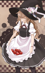 Rule 34 | 1girl, apple, apron, apron lift, bad id, bad pixiv id, black pantyhose, blonde hair, blush, bow, bracelet, braid, closed eyes, clothes lift, female focus, flower, food, fruit, hat, hat bow, highres, jewelry, joosuke, kirisame marisa, long hair, pantyhose, smile, solo, touhou, witch, witch hat