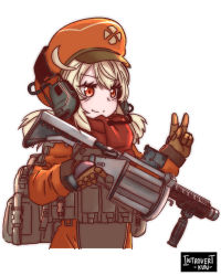 Rule 34 | 1girl, ahoge, alternate costume, artist name, backpack, bag, brown gloves, bulletproof vest, cabbie hat, clover print, commentary, english commentary, genshin impact, gloves, grenade launcher, gun, hair between eyes, hat, headset, highres, holding, holding gun, holding weapon, introvert-kun, jumpsuit, klee (genshin impact), light brown hair, long hair, looking at viewer, low twintails, orange eyes, orange hat, orange jumpsuit, red scarf, revolver grenade launcher, scarf, sidelocks, simple background, smile, solo, tactical clothes, trigger discipline, twintails, v, v-shaped eyebrows, vest, weapon, white background