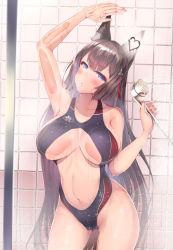 Rule 34 | 1girl, absurdres, against glass, amagi (azur lane), animal ears, azur lane, blush, breasts, brown hair, clothing cutout, collarbone, commentary request, eyeshadow, fox ears, hair ornament, head tilt, heart, highres, large breasts, long hair, looking at viewer, makeup, navel, navel cutout, nksk, one-piece swimsuit, parted lips, purple eyes, sakura empire (emblem), shower head, solo, standing, swimsuit, thick eyebrows, very long hair, wet