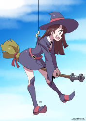 Rule 34 | 1girl, :d, belt, black ribbon, blue background, blue sky, boots, broom, broom riding, brown eyes, brown hair, cloud, cloudy sky, collared shirt, commentary, dress, english commentary, fingernails, from side, glint, hat, high heel boots, high heels, highres, hook, kagari atsuko, knee boots, kukuruyo, little witch academia, long hair, neck ribbon, open mouth, patreon username, profile, purple dress, purple hat, ribbon, shirt, signature, sky, smile, solo, wand, watermark, white shirt, witch, witch hat