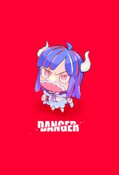 Rule 34 | 1girl, ahoge, blue cape, blue hair, blue skirt, cape, chibi, covered mouth, curled horns, dinosaur girl, horns, long hair, mask, mouth mask, multicolored hair, one piece, pink eyes, pink hair, pink mask, raine (acke2445), red background, shirt, skirt, solo, streaked hair, ulti (one piece), white shirt