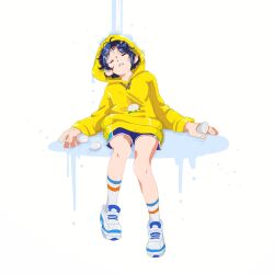 Rule 34 | 1girl, blue shorts, charline lemoal, closed eyes, commentary, egg, english commentary, full body, highres, hood, hooded sweater, hoodie, ooto ai, shoes, short hair, short shorts, shorts, sitting, sleeves past wrists, sneakers, socks, solo, sweater, water, wonder egg priority, yellow hoodie, yellow sweater