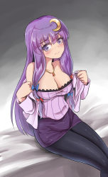 Rule 34 | 1girl, bare shoulders, black pantyhose, blue ribbon, blush, breasts, cleavage, collarbone, commentary request, crescent, crescent hair ornament, crescent necklace, embarrassed, hair ornament, hair ribbon, highres, jacket, jacket partially removed, jewelry, large breasts, looking at viewer, namiki (remiter00), necklace, on bed, pantyhose, patchouli knowledge, purple shirt, purple skirt, red ribbon, ribbon, shirt, sidelocks, sitting, skirt, solo, thighs, touhou, tress ribbon, undressing