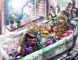 Rule 34 | 1girl, bad id, bad pixiv id, bathroom, bathtub, blonde hair, blue eyes, bottle, bubble, claw foot bathtub, coral, faucet, fish, flower, jeya, leaf, long hair, original, plant, potted plant, rose, shampoo, shoes, sneakers, solo, surreal, water, window, yellow flower, yellow rose