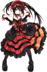 Rule 34 | 1girl, absurdres, acedia chow, bare shoulders, black hair, boots, breasts, cleavage, clock, clock eyes, date a live, detached sleeves, dress, gears, gothic lolita, hairband, hands on own hips, heterochromia, highres, lolita fashion, lolita hairband, long hair, looking at viewer, medium breasts, raizen high school uniform, red eyes, ribbon, roman numeral, school uniform, smile, solo, symbol-shaped pupils, tokisaki kurumi, twintails, uneven twintails, yellow eyes