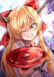 Rule 34 | 1girl, absurdres, backlighting, bow, bowtie, chain, cherry tree, commentary request, cup, hair between eyes, hair bow, head tilt, highres, holding, holding cup, horns, ibuki suika, long hair, looking at viewer, low-tied long hair, lower teeth only, mahoro (minase mahoro), one eye closed, oni horns, orange hair, petals, red bow, red bowtie, sakazuki, shirt, sleeveless, sleeveless shirt, solo, teeth, touhou, tree, upper teeth only, very long hair, white shirt, yellow eyes