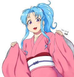 Rule 34 | 1girl, 2022, :3, artist request, blue hair, botan (yu yu hakusho), breasts, closed mouth, dated, fingernails, flying, hair intakes, japanese clothes, kimono, lips, long hair, long sleeves, looking at viewer, open mouth, ponytail, red eyes, simple background, sitting, sitting on object, smile, solo, very long hair, white background, yuu yuu hakusho