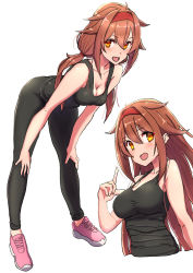 Rule 34 | breasts, brown hair, cleavage, comala (komma la), hair flaps, highres, index finger raised, kantai collection, leaning forward, long hair, pants, medium breasts, pants, pink footwear, shiratsuyu (kancolle), shoes, simple background, sneakers, sportswear, tank top, twintails