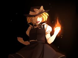 Rule 34 | 1girl, black background, black dress, blonde hair, bow, clenched hand, commentary, dress, facing viewer, fire, flaming hand, hat, hat bow, hat ribbon, looking at viewer, nekolina, open mouth, puffy short sleeves, puffy sleeves, ribbon, shaded face, shadow, short hair, short sleeves, solo, touhou, touhou (pc-98), yellow eyes, yuki (touhou)