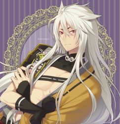 Rule 34 | 10s, 1boy, animal ears, armor, artist name, bad id, bad pixiv id, bare pectorals, bishounen, border, crossed arms, fang, fang out, fox ears, hair flaps, japanese armor, kogitsunemaru, lace, lace border, long hair, male focus, ornate border, pectorals, pom pom (clothes), red eyes, sacraneco, shoulder armor, signature, sode, solo, striped, striped background, tassel, touken ranbu, vertical stripes, very long hair, white hair