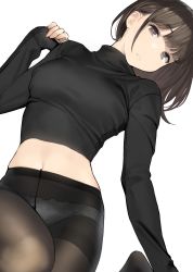 Rule 34 | 1girl, black pantyhose, black shirt, blunt bangs, breasts, brown eyes, brown hair, commentary request, crop top, feet out of frame, hand up, highres, long hair, long sleeves, looking at viewer, lying, medium breasts, midriff, navel, on back, original, panties, panties under pantyhose, pantyhose, parted lips, shirt, simple background, sleeves past wrists, solo, underwear, white background, yomu (sgt epper)