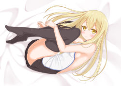 Rule 34 | 10s, 1girl, aiz wallenstein, ass, backless dress, backless outfit, bad id, bad pixiv id, bare arms, bare shoulders, bed, bed sheet, black dress, black thighhighs, blonde hair, blush, breasts, closed mouth, dress, dungeon ni deai wo motomeru no wa machigatteiru darou ka, eyebrows, female focus, fetal position, from above, full body, hair between eyes, highres, karutamo, legs, long hair, looking at viewer, lying, medium breasts, multicolored clothes, multicolored dress, on side, revealing clothes, shy, sideboob, sleeveless, sleeveless dress, solo, sword oratoria, thighhighs, white dress, yellow eyes