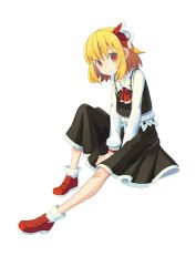 Rule 34 | 14mango, 1girl, arms between legs, ascot, black skirt, black vest, blonde hair, closed mouth, flat chest, frilled shirt collar, frilled skirt, frills, full body, hair ribbon, highres, long sleeves, looking at viewer, red ascot, red eyes, red footwear, ribbon, rumia, shirt, shoes, short hair, simple background, sitting, skirt, skirt set, socks, solo, touhou, vest, white background, white shirt, white sleeves, white socks