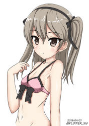 Rule 34 | 10s, 1girl, black ribbon, bow, bow bra, bra, breasts, brown eyes, closed mouth, commentary, dated, flipper, frown, girls und panzer, hair ribbon, hand in own hair, light brown hair, long hair, looking at viewer, navel, one-hour drawing challenge, pink bra, ribbon, shimada arisu, side ponytail, simple background, small breasts, solo, standing, twitter username, underwear, upper body, white background