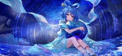 Rule 34 | 1girl, :d, \||/, blue dress, blue eyes, blue hair, blush, cloud, dress, feet out of frame, fingernails, hair ornament, hair rings, hair stick, holding orb, hugging object, hutuu (1121), kaku seiga, leg ribbon, looking at viewer, night, non-web source, official art, open mouth, puffy short sleeves, puffy sleeves, red ribbon, ribbon, ripples, second-party source, short hair, short sleeves, sky, smile, soaking feet, solo, star (sky), starry sky, touhou, touhou gensou eclipse, water, water drop