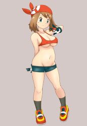 Rule 34 | 1girl, arm behind back, bandana, bike shorts, black shorts, black socks, blue eyes, breasts, brown hair, cleavage, clothes pull, commentary request, covered erect nipples, creatures (company), full body, game freak, gloves, grey background, groin, highres, holding, holding poke ball, looking at viewer, may (pokemon), medium breasts, multicolored footwear, nintendo, poke ball, poke ball (basic), poke ball symbol, pokemon, pokemon rse, red bandana, red footwear, red sports bra, shoes, short hair, short shorts, shorts, shorts pull, simple background, skindentation, sneakers, socks, solo, sports bra, standing, tof, white gloves, yellow footwear