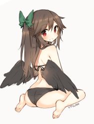 Rule 34 | 1girl, ass, back, barefoot, bikini, bikini top only, bird wings, black wings, blush, bow, brown hair, character name, from behind, full body, hair bow, hair ornament, long hair, looking at viewer, looking back, panties, ponytail, red eyes, reiuji utsuho, shinoba, simple background, sitting, solo, swimsuit, touhou, twisted neck, underwear, wings