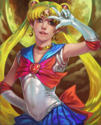 Rule 34 | 1990s (style), 1girl, bishoujo senshi sailor moon, blonde hair, blue eyes, blue sailor collar, blue skirt, bow, brooch, choker, cloud, double bun, earrings, elbow gloves, full moon, gloves, hand on own hip, heart, heart brooch, hip focus, jewelry, k-bose, lips, long hair, magical girl, moon, night, parted lips, pleated skirt, realistic, red bow, retro artstyle, sailor collar, sailor moon, skirt, sleeveless, solo, tiara, tsukino usagi, twintails, v, white gloves
