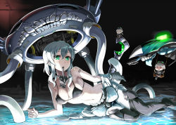 Rule 34 | 10s, 1girl, abyssal fairy (kancolle), abyssal ship, barcode, barcode tattoo, bikini, black bikini, blush, bodysuit, boots, breasts, cleavage, emerane, fairy (kancolle), green eyes, hat, kantai collection, lying, mini person, minigirl, mouth hold, on side, open mouth, short hair, silver hair, solo, swimsuit, tattoo, thigh boots, thighhighs, wo-class aircraft carrier