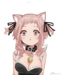 Rule 34 | 1girl, animal ears, artist name, bell, belt collar, black collar, black ribbon, blush, breasts, cat ears, cat girl, cleavage, collar, grey eyes, hair ribbon, highres, jingle bell, long hair, medium breasts, neck bell, open mouth, original, pink hair, plum0o0, ribbon, short bangs, signature, simple background, solo, triangle mouth, two side up, upper body, white background