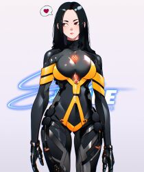 Rule 34 | 1girl, black bodysuit, black gloves, black hair, bodysuit, breasts, brown eyes, cesar art456, commentary, english commentary, gloves, heart, highres, large breasts, long hair, looking to the side, solo, spoken heart, standing, stellar blade, tachy (stellar blade), white background
