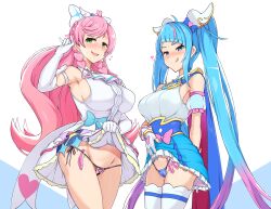 Rule 34 | 2girls, bar censor, blue eyes, blue hair, bow, breasts, censored, closed mouth, condom, condom belt, crotchless, crotchless swimsuit, cure prism, cure sky, elbow gloves, gloves, gradient hair, green eyes, hair ornament, heart, highres, hirogaru sky! precure, large breasts, licking lips, lifting own clothes, long hair, magical girl, multicolored hair, multiple girls, nail polish, nijigaoka mashiro, open mouth, pink hair, precure, pussy, smile, sora harewataru, streaked hair, swimsuit, tongue, tongue out, twintails, twogie, very long hair, white gloves
