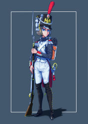 Rule 34 | 1girl, absurdres, backpack, bag, bayonet, belt, blue background, blue eyes, bob cut, buttons, closed mouth, epaulettes, erica (naze1940), french army, full body, gaiters, gun, hat, highres, holding, holding gun, holding weapon, jacket, looking to the side, mandarin collar, military, military jacket, military uniform, musket, original, shako cap, sheath, short hair, sidelocks, sleeping bag, sleeve cuffs, soldier, solo, sword, tailcoat, tassel, uniform, weapon