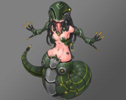 Rule 34 | 1girl, breasts, cyborg, female focus, full body, groin, highres, lamia, long tongue, mask, monster girl, muhut, navel, open mouth, original, small breasts, solo, teeth, tongue, tongue out