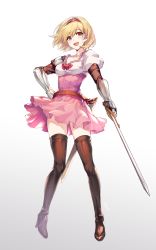 Rule 34 | 1girl, :d, aki663, black thighhighs, blonde hair, blush, boots, breasts, brown eyes, brown thighhighs, collarbone, cowboy shot, djeeta (granblue fantasy), dress, full body, gauntlets, gluteal fold, granblue fantasy, hair between eyes, hairband, high heel boots, high heels, holding, holding sword, holding weapon, juliet sleeves, left-handed, legs apart, long sleeves, looking at viewer, medium breasts, open mouth, pink dress, puffy short sleeves, puffy sleeves, red hairband, scabbard, sheath, short dress, short hair, short sleeves, signature, simple background, smile, solo, standing, sword, thigh boots, thighhighs, unsheathed, weapon, white background, zettai ryouiki