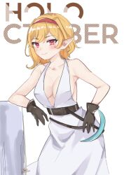 Rule 34 | 1girl, alternate costume, blonde hair, blush, breasts, dress, gloves, highres, hirasawa izumi, hololive, hololive indonesia, kaela kovalskia, large breasts, looking at viewer, medium hair, minecraft, minecraft pickaxe, pickaxe, pointy ears, red eyes, smile, solo, virtual youtuber, white dress