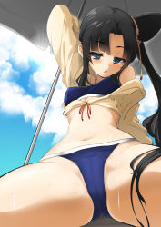 Rule 34 | 1girl, bikini, black hair, blue bikini, blush, breasts, cameltoe, cloud, cloudy sky, day, fate/grand order, fate (series), female focus, from below, highres, jacket, jitome, long hair, long sleeves, looking at viewer, looking down, momio, navel, open mouth, outdoors, side ponytail, sitting, sky, small breasts, solo, spread legs, sweat, swimsuit, umbrella, ushiwakamaru (fate), ushiwakamaru (fate/grand order), ushiwakamaru (swimsuit assassin) (fate), ushiwakamaru (swimsuit assassin) (first ascension) (fate), very long hair