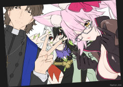 Rule 34 | 1girl, 2boys, :d, animal ears, ashiya douman (fate), black eyes, black gloves, black hair, breasts, brown eyes, brown hair, cleavage, commentary request, cross, cross necklace, double v, fate/grand order, fate (series), fingernails, fox ears, glasses, gloves, green nails, highres, jewelry, kotomine kirei, koyanskaya (assassin) (first ascension) (fate), koyanskaya (fate), large breasts, long sleeves, looking at viewer, mullet, multicolored hair, multiple boys, nail polish, necklace, o3o, one eye closed, open mouth, orange eyes, otama (atama ohanabatake), partially unzipped, pink hair, priest, rasputin (fate), red pupils, sharp fingernails, short hair, sidelocks, smile, snapping fingers, taking picture, tamamo (fate), twitter username, unzipped, v, v over eye, white hair